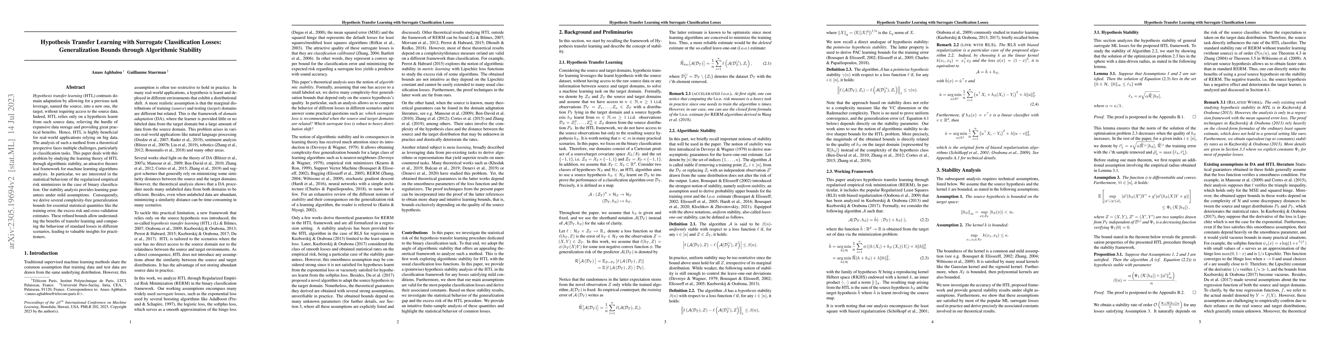 Thumbnail for Hypothesis Transfer Learning with Surrogate Classification Losses:
  Generalization Bounds through Algorithmic Stability