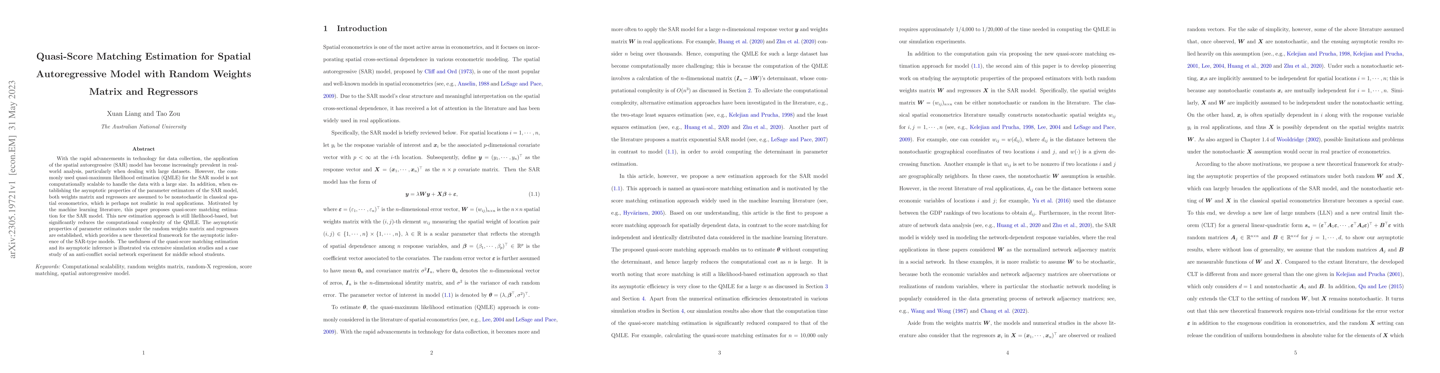 Thumbnail for Quasi-Score Matching Estimation for Spatial Autoregressive Model with
  Random Weights Matrix and Regressors