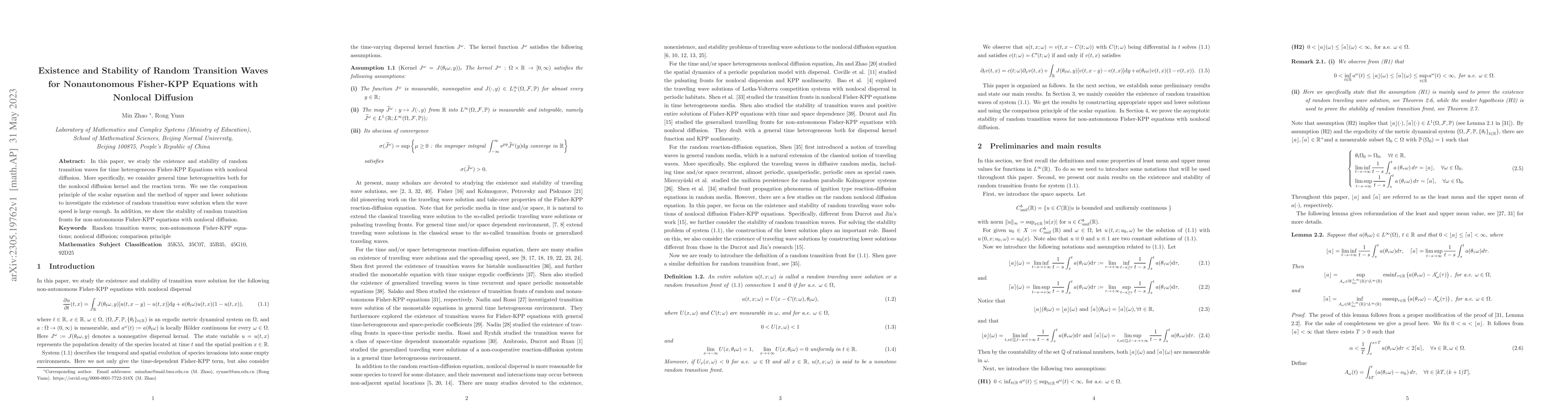 Thumbnail for Existence and Stability of Random Transition Waves for Nonautonomous
  Fisher-KPP Equations with Nonlocal Diffusion