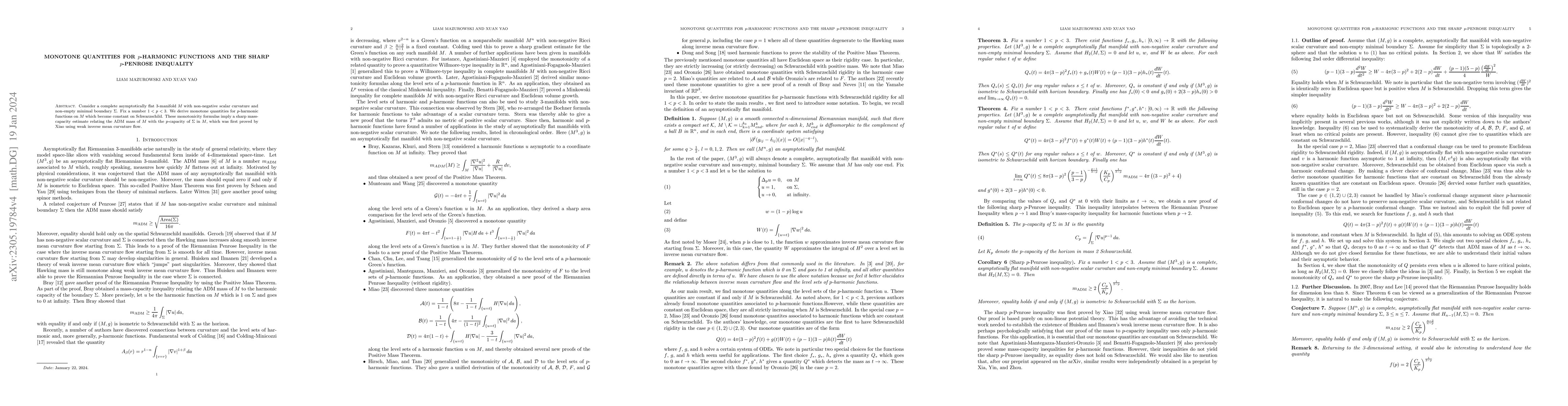 Thumbnail for Monotone Quantities for $p$-Harmonic functions and the Sharp $p$-Penrose
  inequality