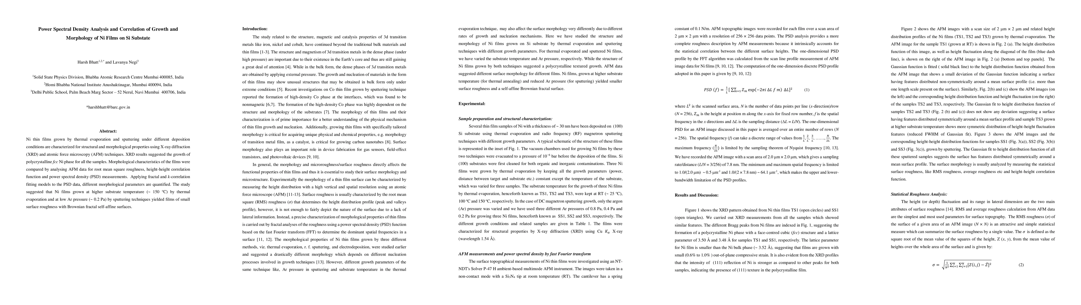 Thumbnail for Power Spectral Density Analysis and Correlation of Growth and Morphology
  of Ni Films on Si Substate
