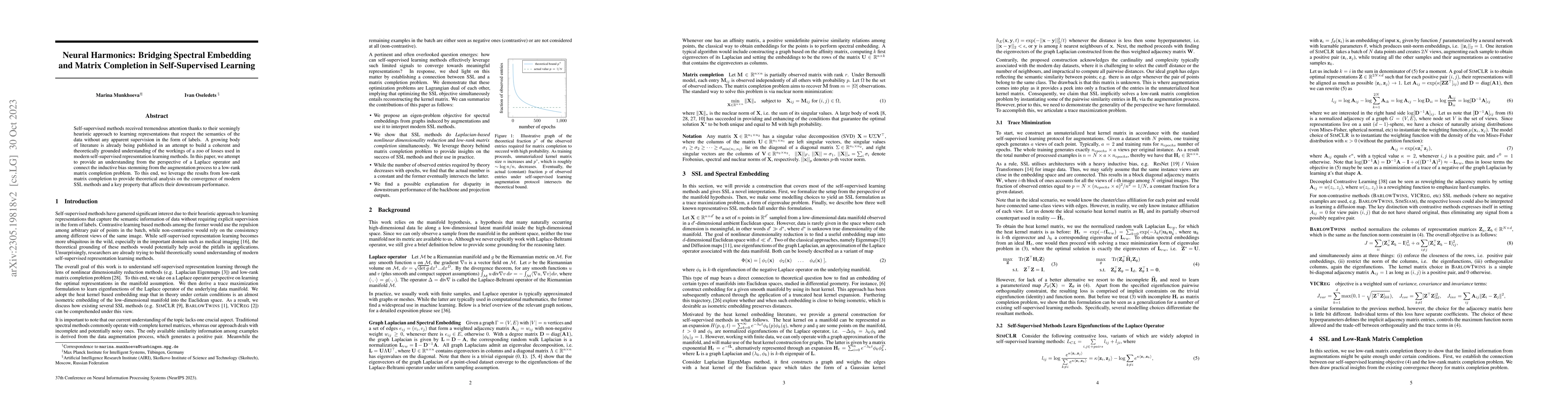 Thumbnail for Spectal Harmonics: Bridging Spectral Embedding and Matrix Completion in
  Self-Supervised Learning