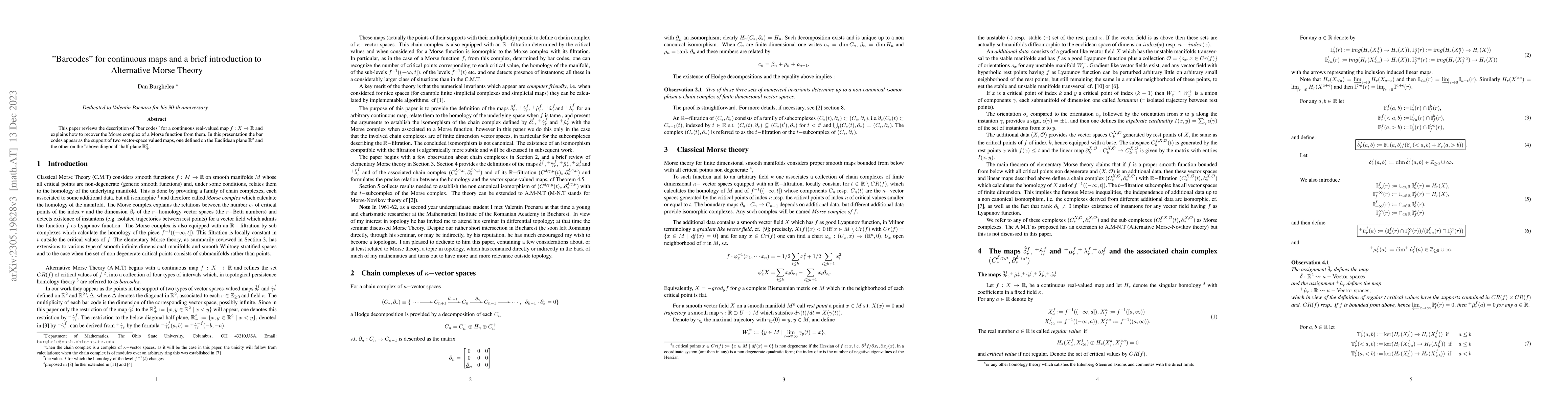 Thumbnail for "Barcodes" for continuous maps and a brief introduction to Alternative
  Morse Theory