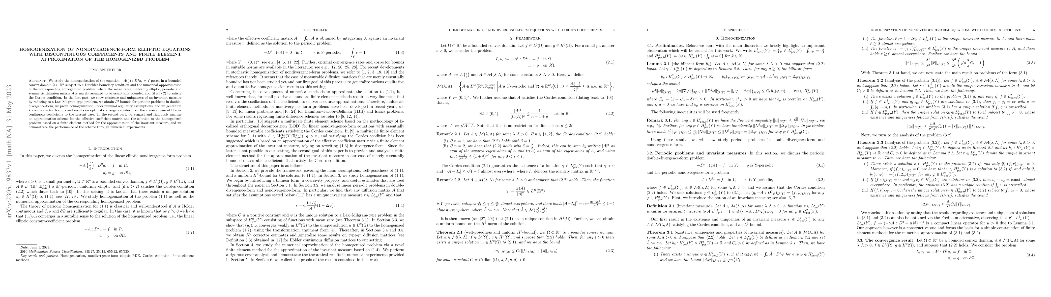 Thumbnail for Homogenization of nondivergence-form elliptic equations with
  discontinuous coefficients and finite element approximation of the
  homogenized problem