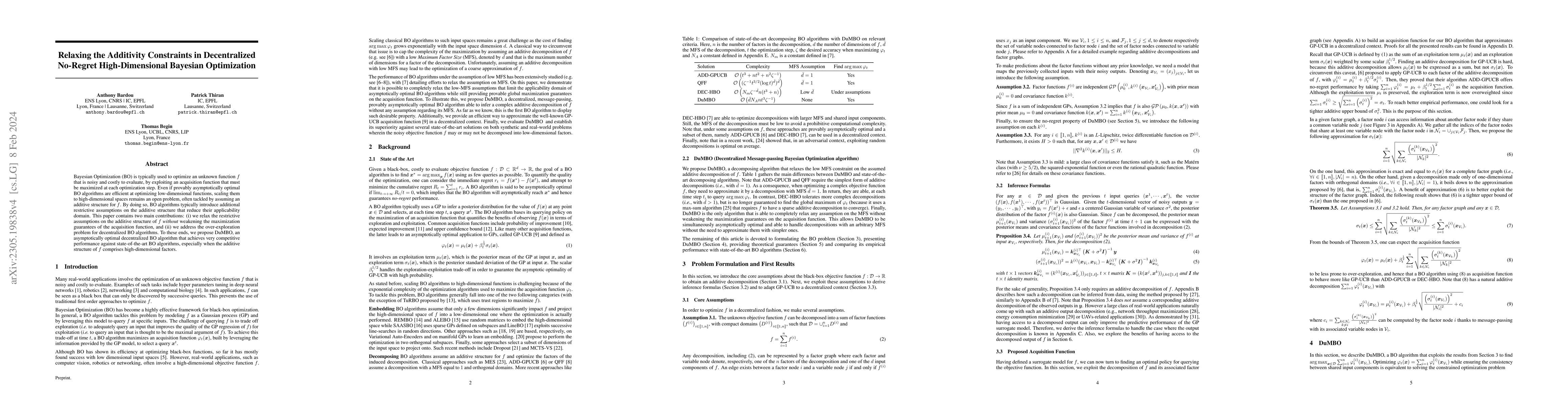 Thumbnail for Relaxing the Additivity Constraints in Decentralized No-Regret
  High-Dimensional Bayesian Optimization