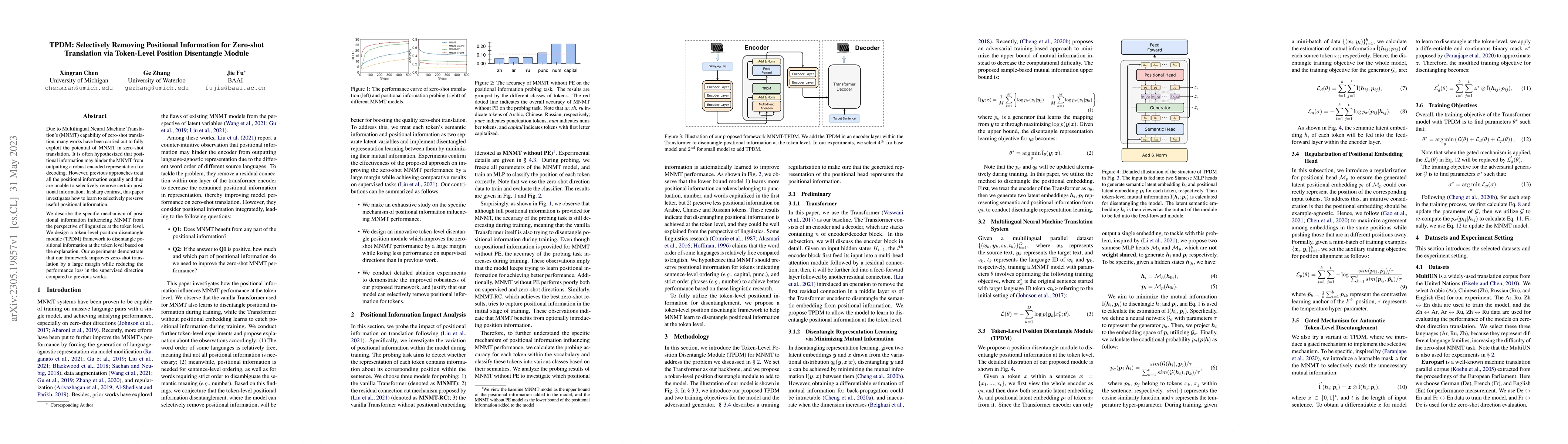Thumbnail for TPDM: Selectively Removing Positional Information for Zero-shot
  Translation via Token-Level Position Disentangle Module