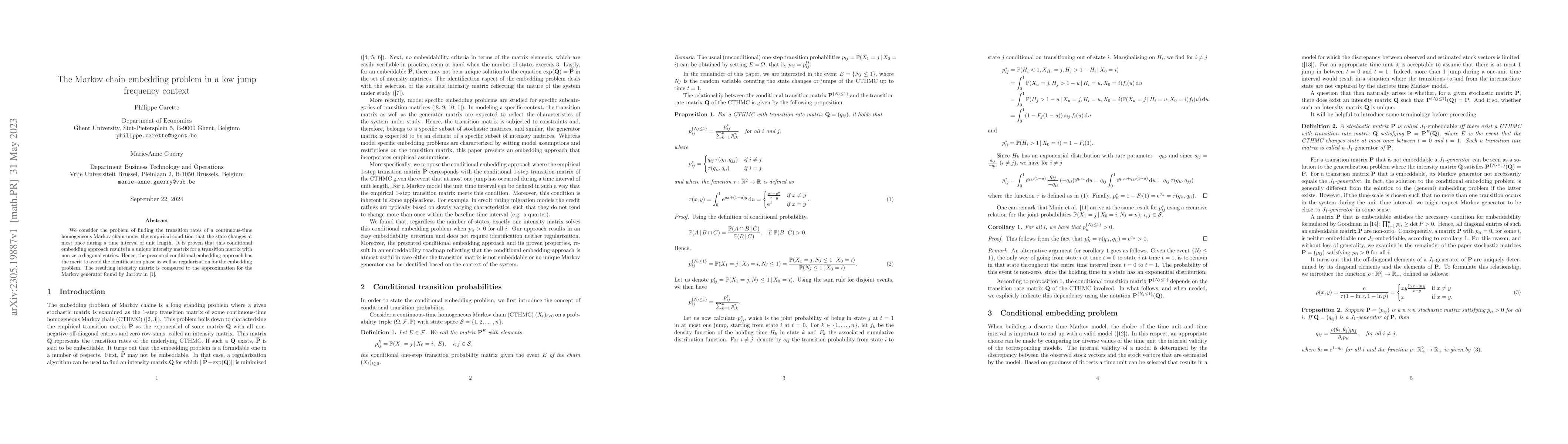 Thumbnail for The Markov chain embedding problem in a low jump frequency context