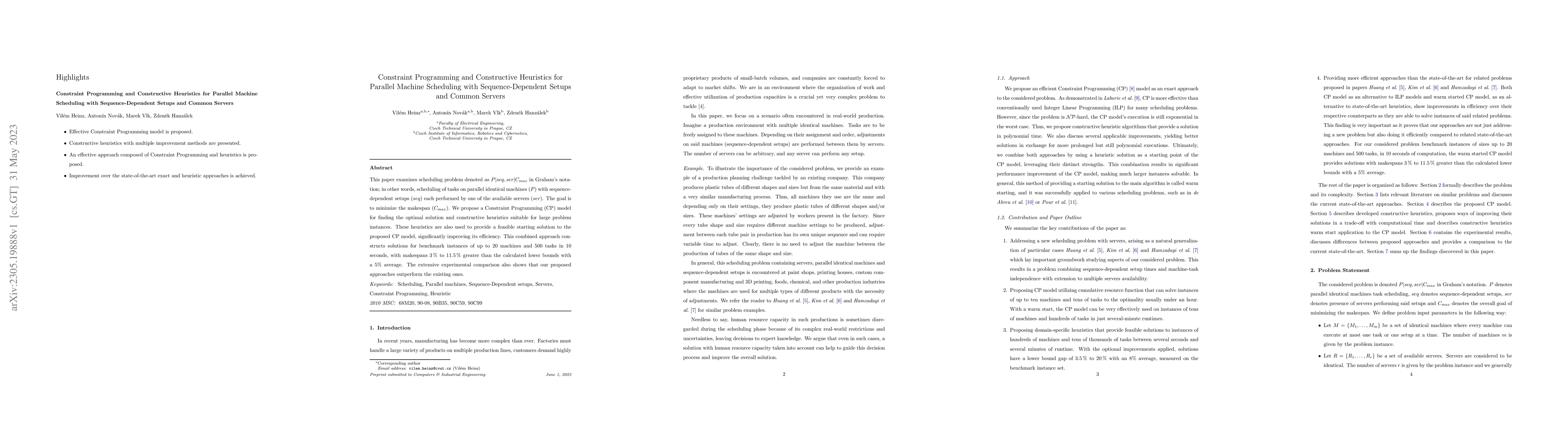Thumbnail for Constraint Programming and Constructive Heuristics for Parallel Machine
  Scheduling with Sequence-Dependent Setups and Common Servers