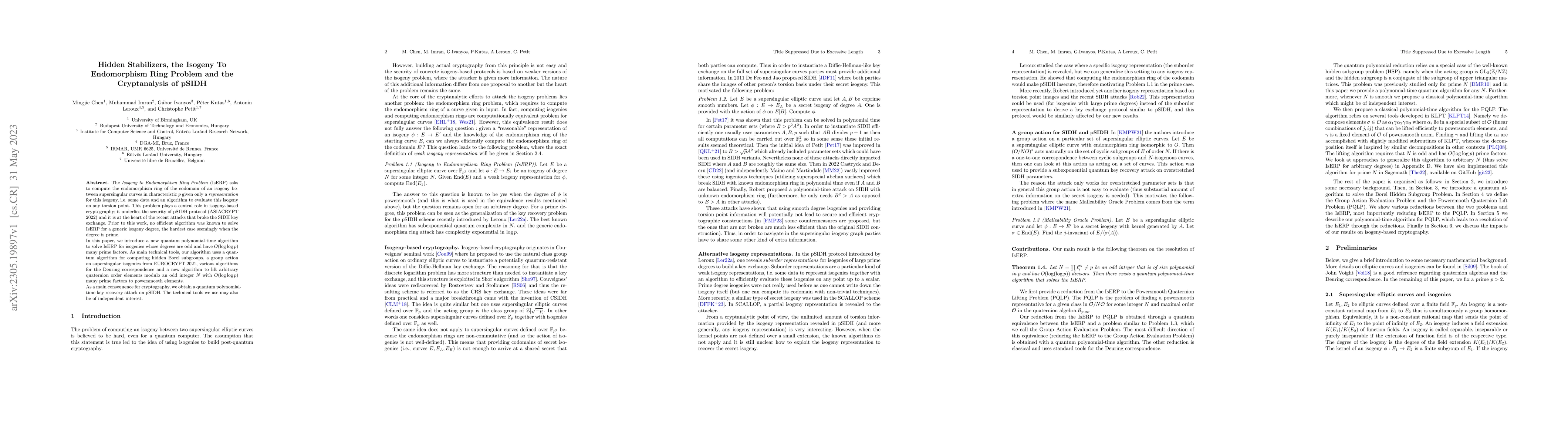 Thumbnail for Hidden Stabilizers, the Isogeny To Endomorphism Ring Problem and the
  Cryptanalysis of pSIDH