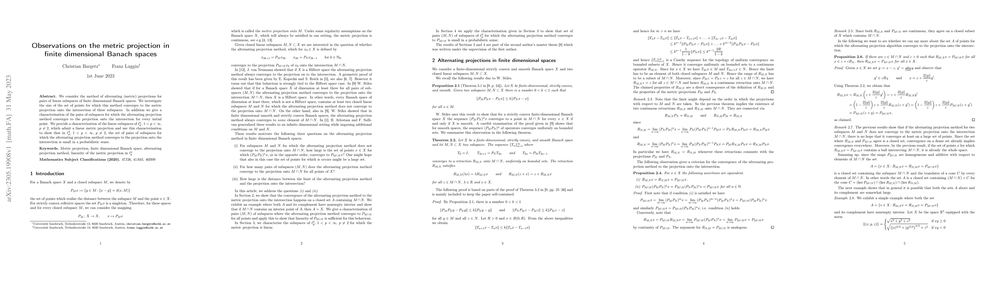 Thumbnail for Observations on the metric projection in finite dimensional Banach
  spaces