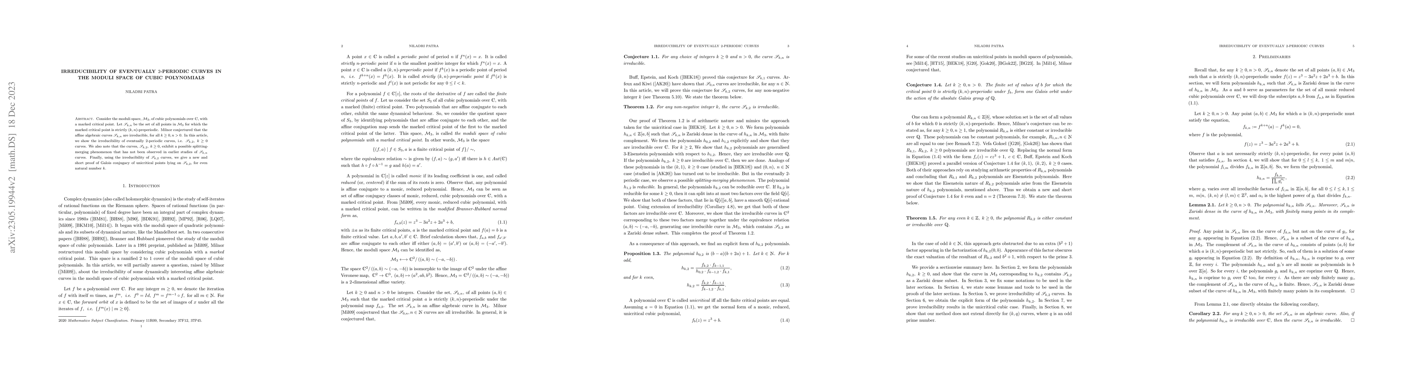 Thumbnail for Irreducibility of eventually $2$-periodic curves in the moduli space of
  cubic polynomials