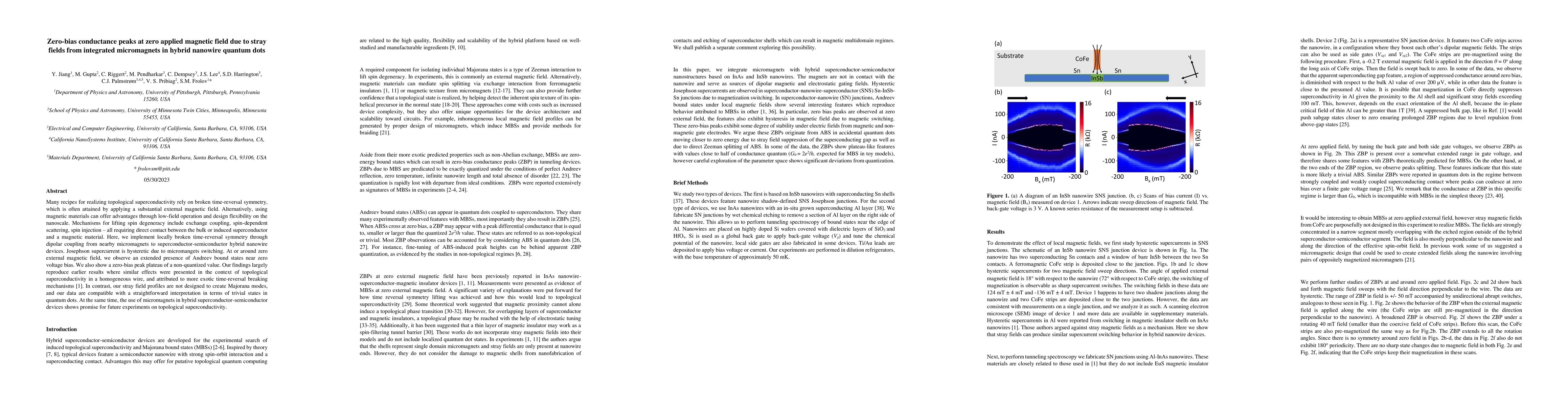 Thumbnail for Zero-bias conductance peaks at zero applied magnetic field due to stray
  fields from integrated micromagnets in hybrid nanowire quantum dots