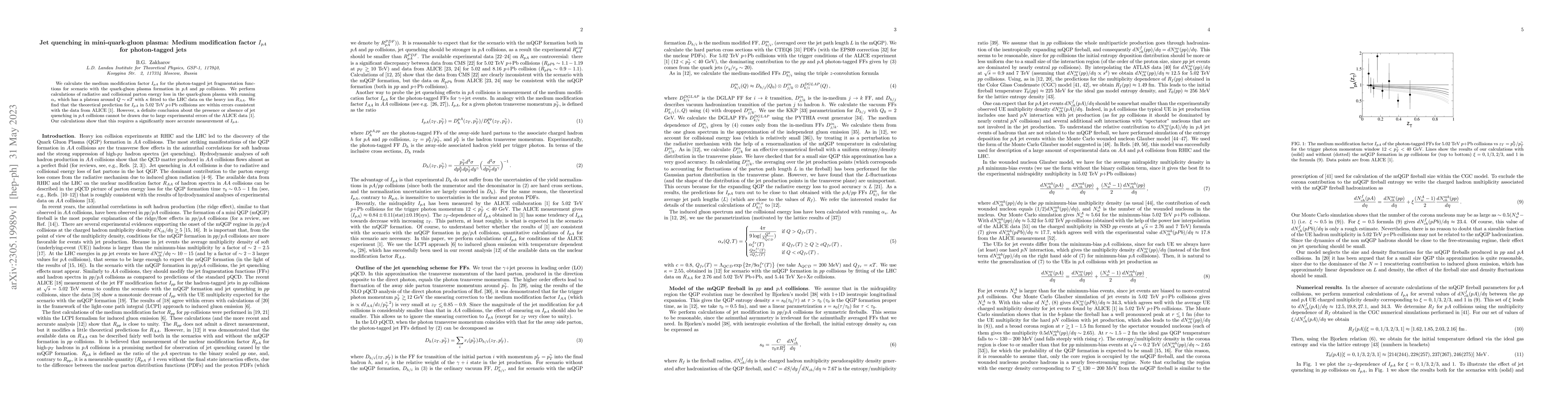 Thumbnail for Jet quenching in mini-quark-gluon plasma: Medium modification factor
  $I_{pA}$ for photon-tagged jets