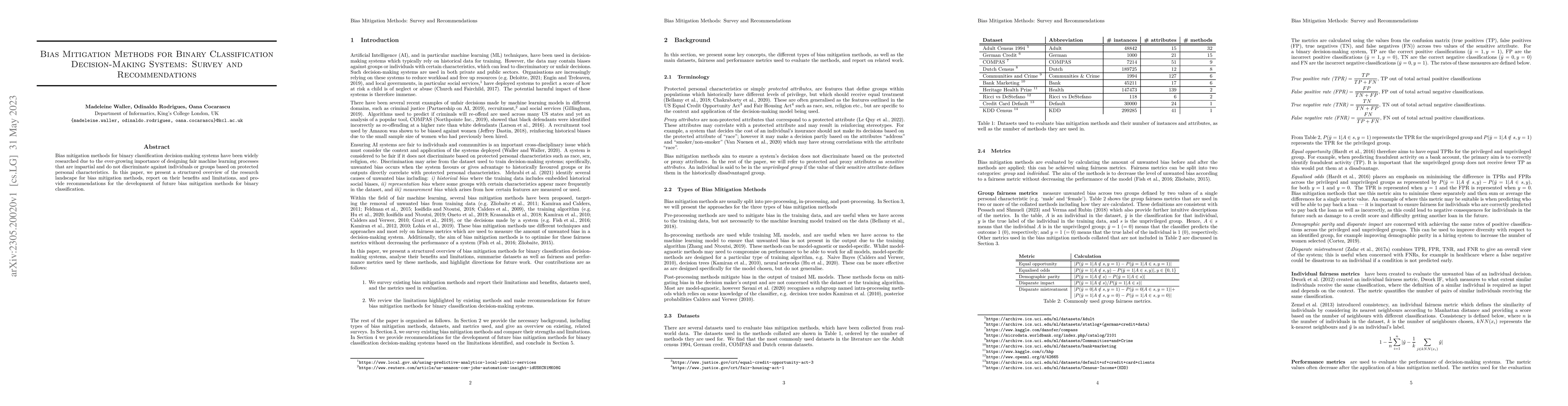 Thumbnail for Bias Mitigation Methods for Binary Classification Decision-Making
  Systems: Survey and Recommendations