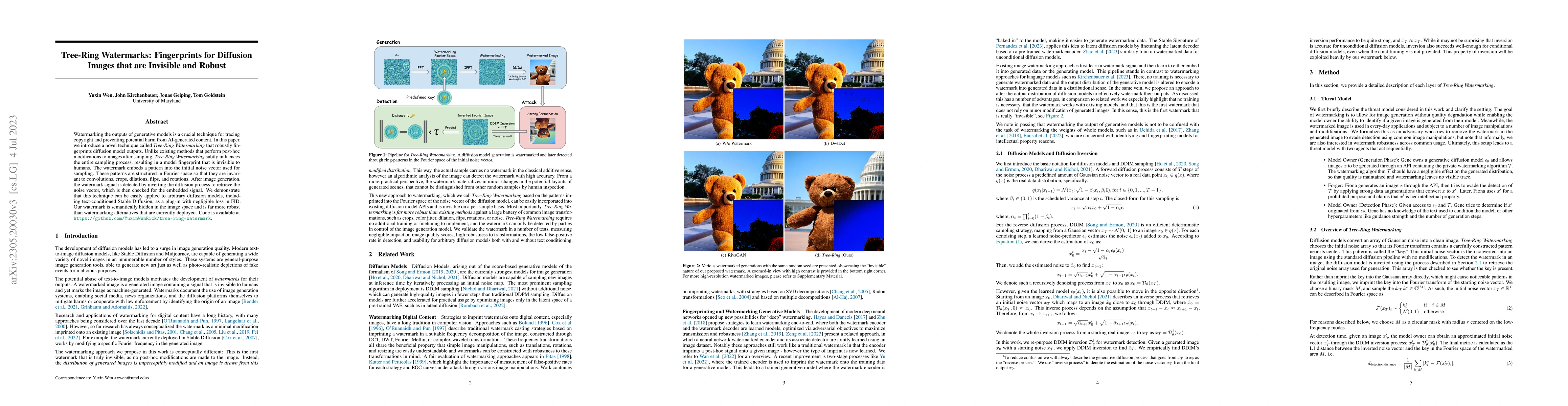Thumbnail for Tree-Ring Watermarks: Fingerprints for Diffusion Images that are
  Invisible and Robust