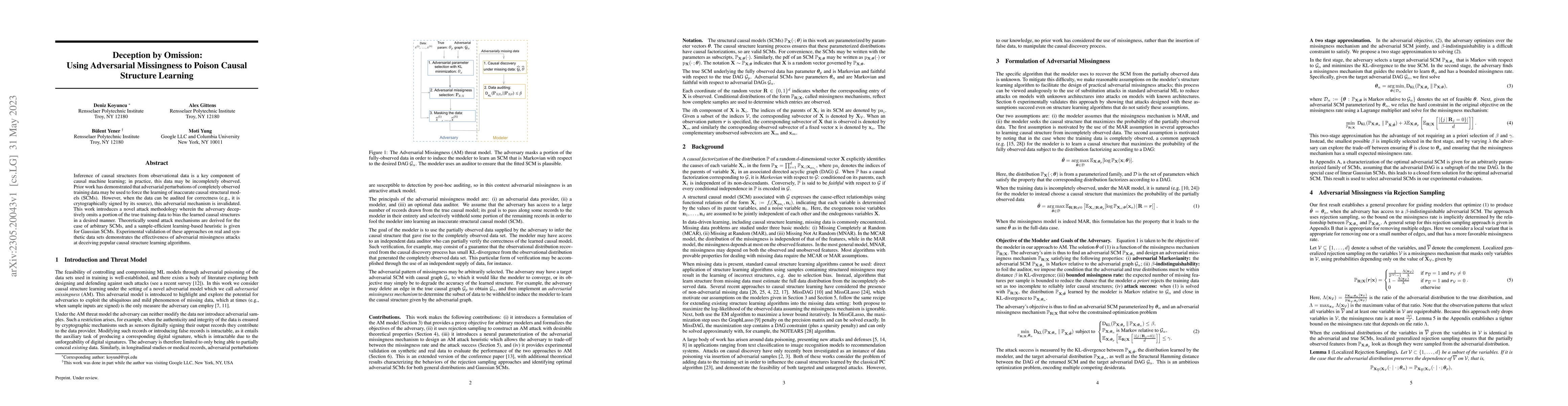 Thumbnail for Deception by Omission: Using Adversarial Missingness to Poison Causal
  Structure Learning