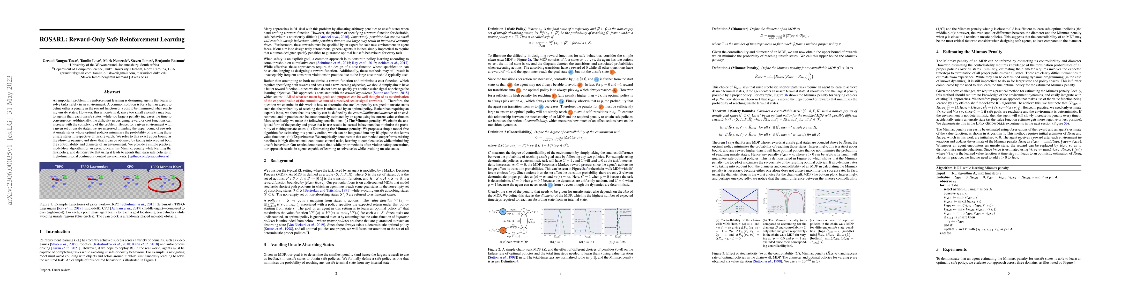 Thumbnail for ROSARL: Reward-Only Safe Reinforcement Learning