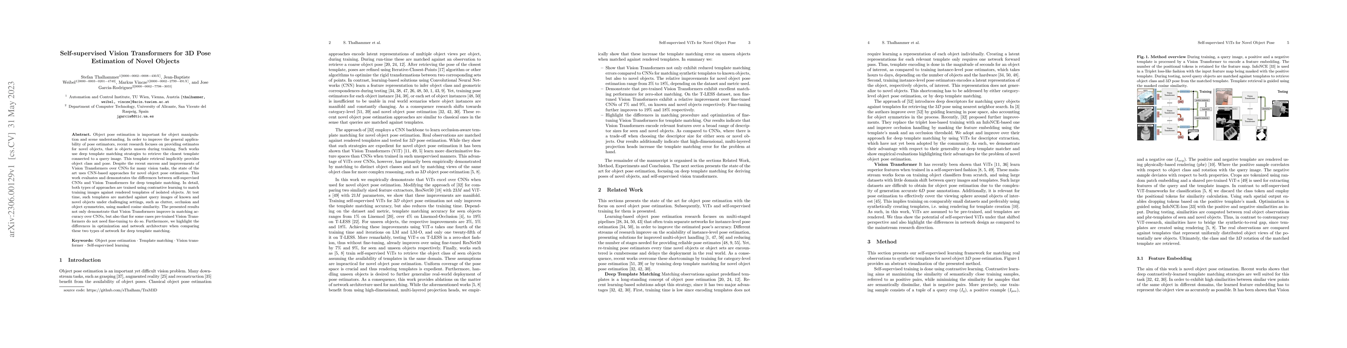 Thumbnail for Self-supervised Vision Transformers for 3D Pose Estimation of Novel
  Objects