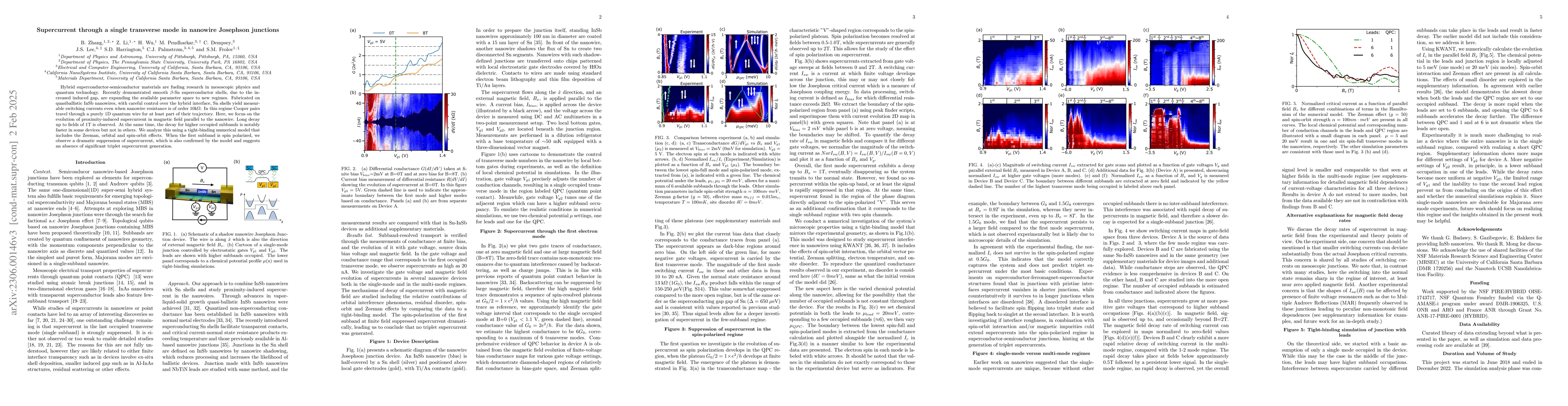Thumbnail for Supercurrent through a single transverse mode in nanowire Josephson
  junctions