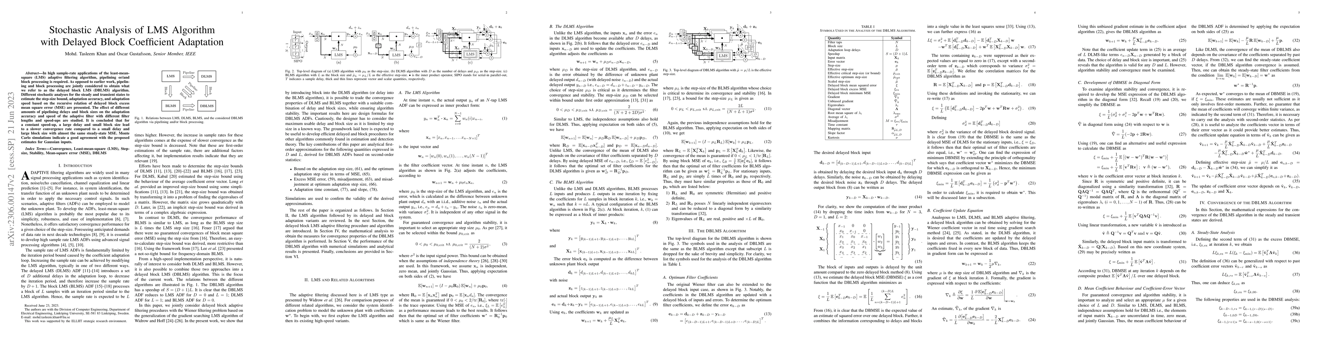 Thumbnail for Stochastic Analysis of LMS Algorithm with Delayed Block Coefficient
  Adaptation