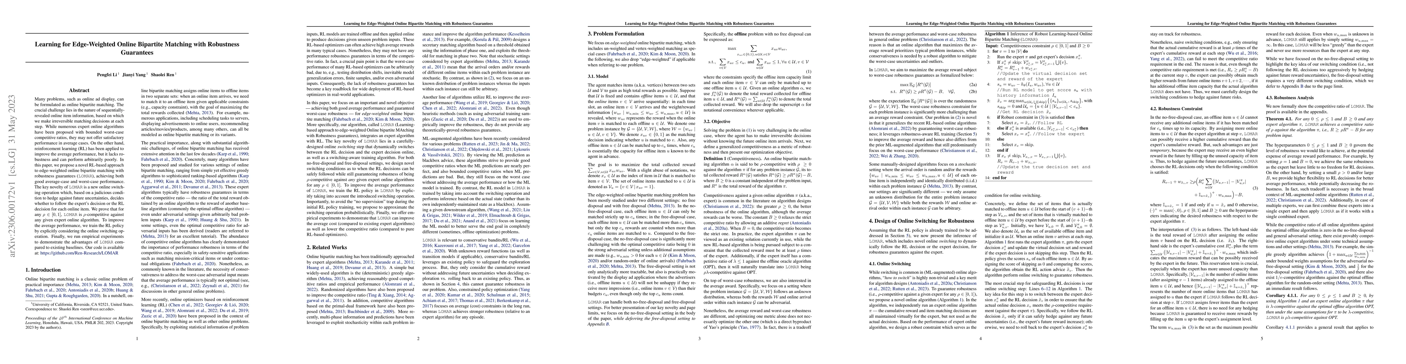 Thumbnail for Learning for Edge-Weighted Online Bipartite Matching with Robustness
  Guarantees