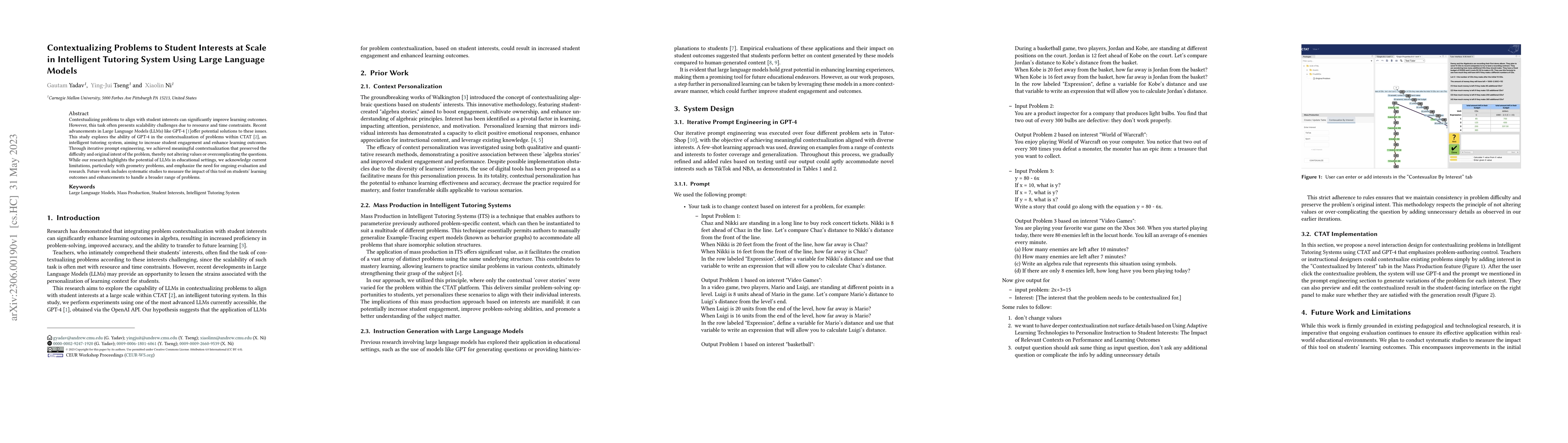 Thumbnail for Contextualizing Problems to Student Interests at Scale in Intelligent
  Tutoring System Using Large Language Models