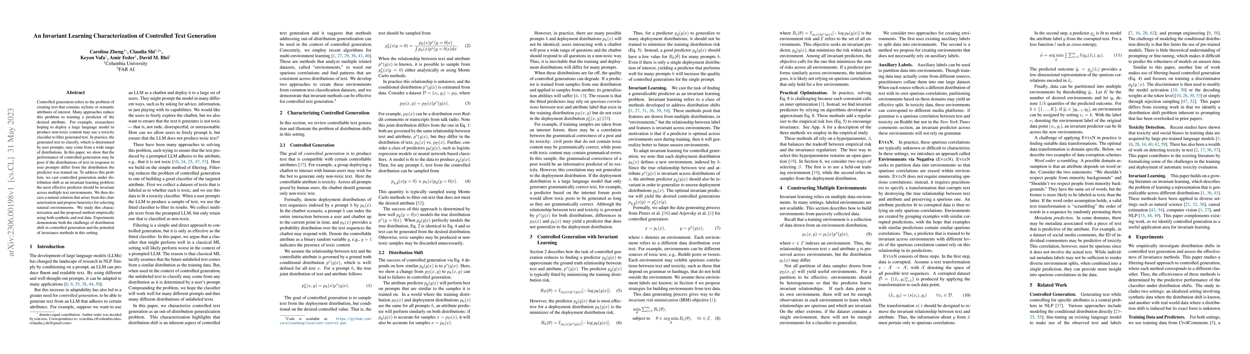 Thumbnail for An Invariant Learning Characterization of Controlled Text Generation