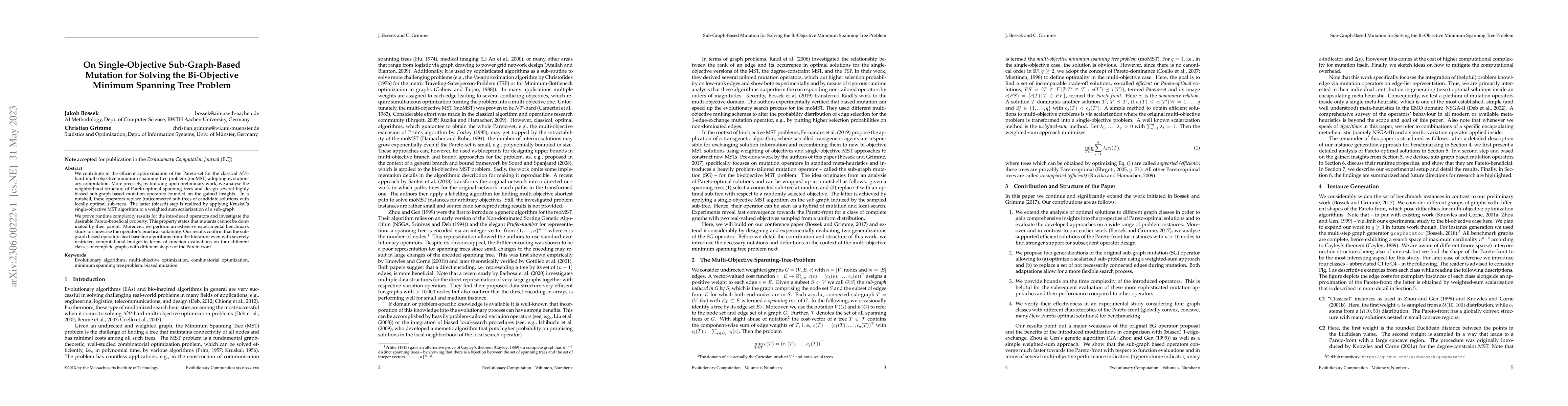 Thumbnail for On Single-Objective Sub-Graph-Based Mutation for Solving the
  Bi-Objective Minimum Spanning Tree Problem