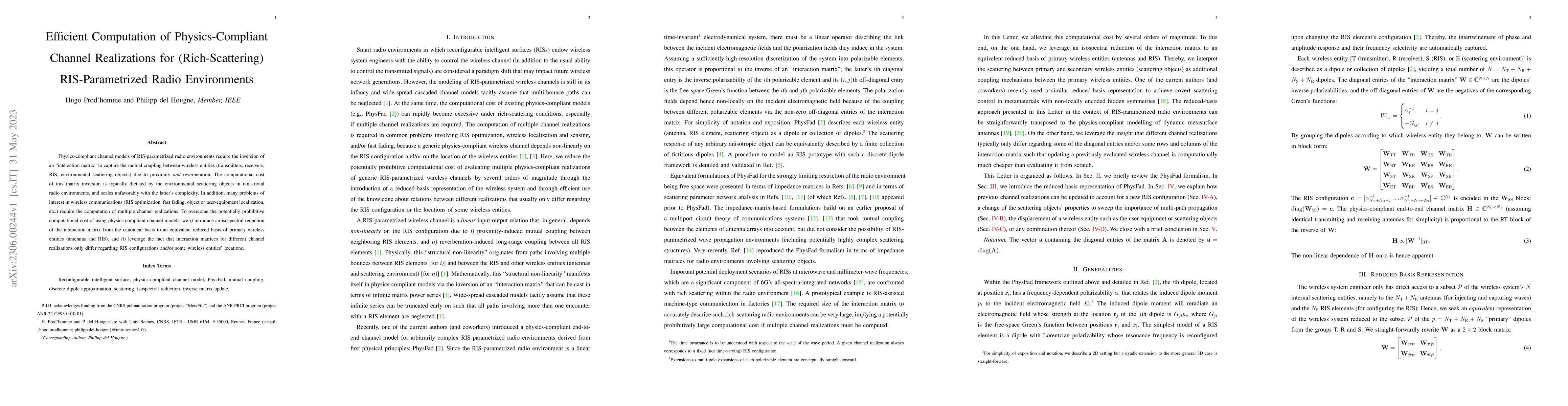 Thumbnail for Efficient Computation of Physics-Compliant Channel Realizations for
  (Rich-Scattering) RIS-Parametrized Radio Environments