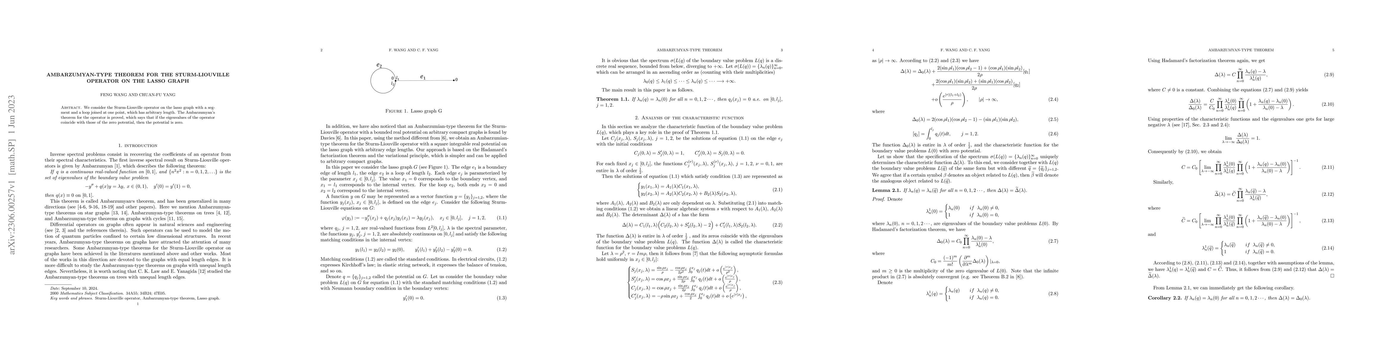 Thumbnail for Ambarzumyan-type theorem for the Sturm-Liouville operator on the lasso
  graph