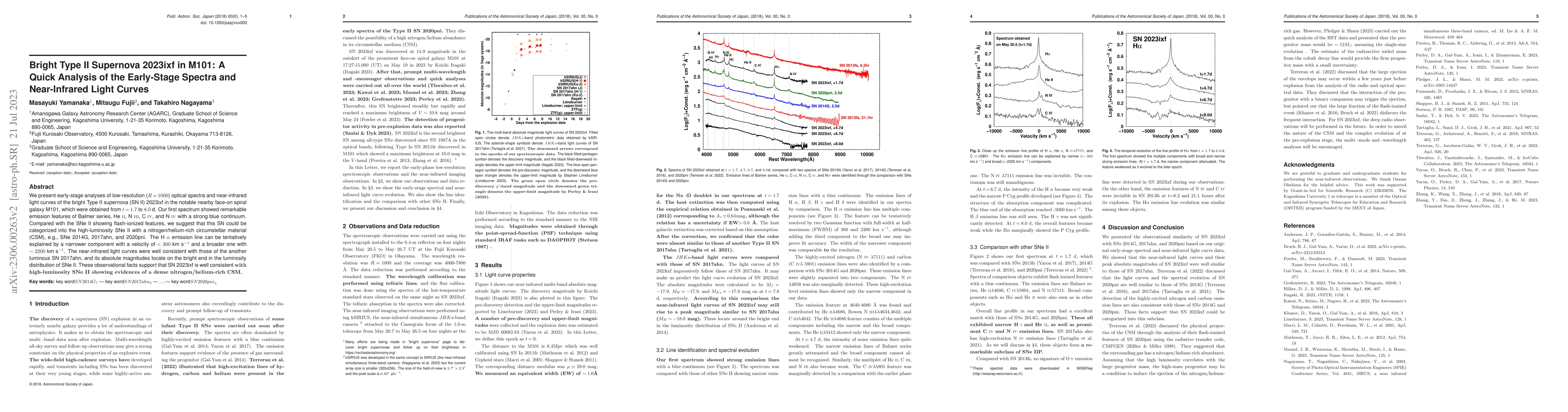 Thumbnail for Bright Type II Supernova 2023ixf in M101: A Quick Analysis of the
  Early-Stage Spectra and Near-Infrared Light Curves
