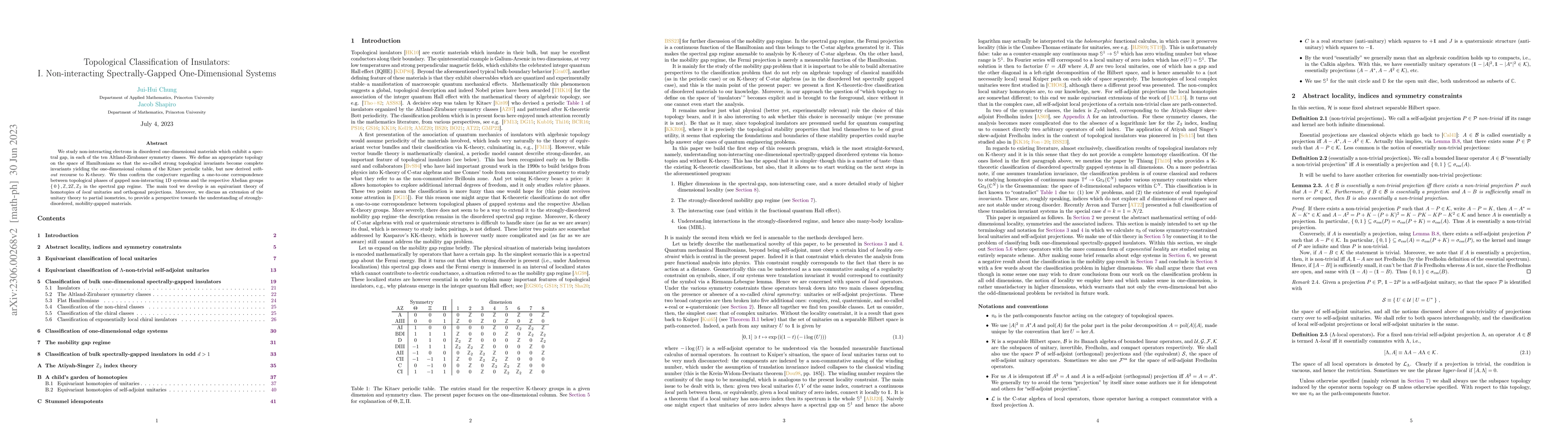 Thumbnail for Topological Classification of Insulators: I. Non-interacting
  Spectrally-Gapped One-Dimensional Systems