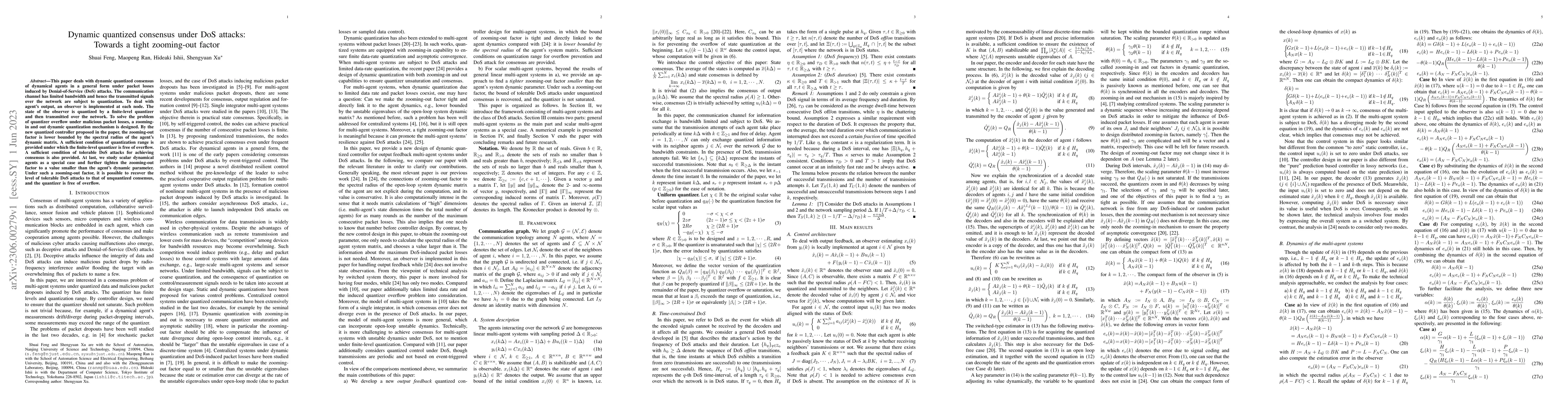 Thumbnail for Dynamic quantized consensus under DoS attacks: Towards a tight
  zooming-out factor