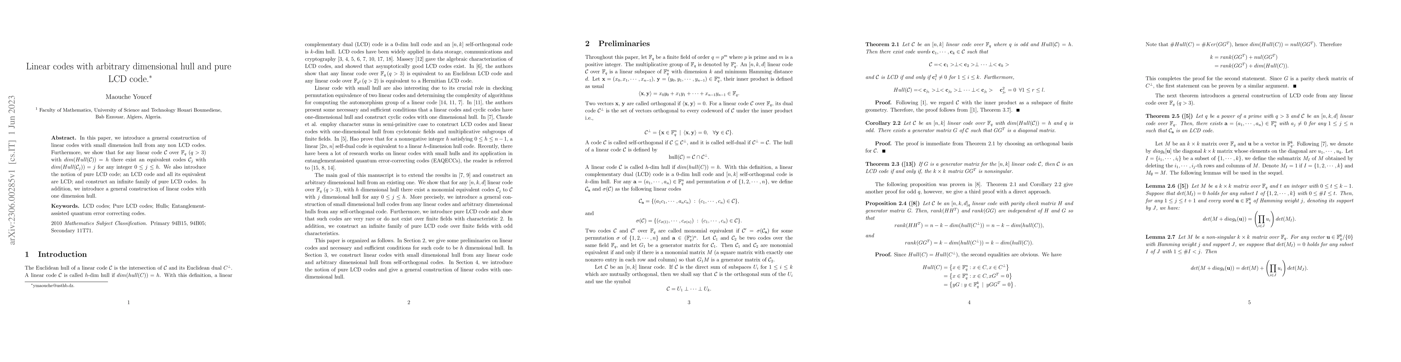 Thumbnail for Linear codes with arbitrary dimensional hull and pure LCD code