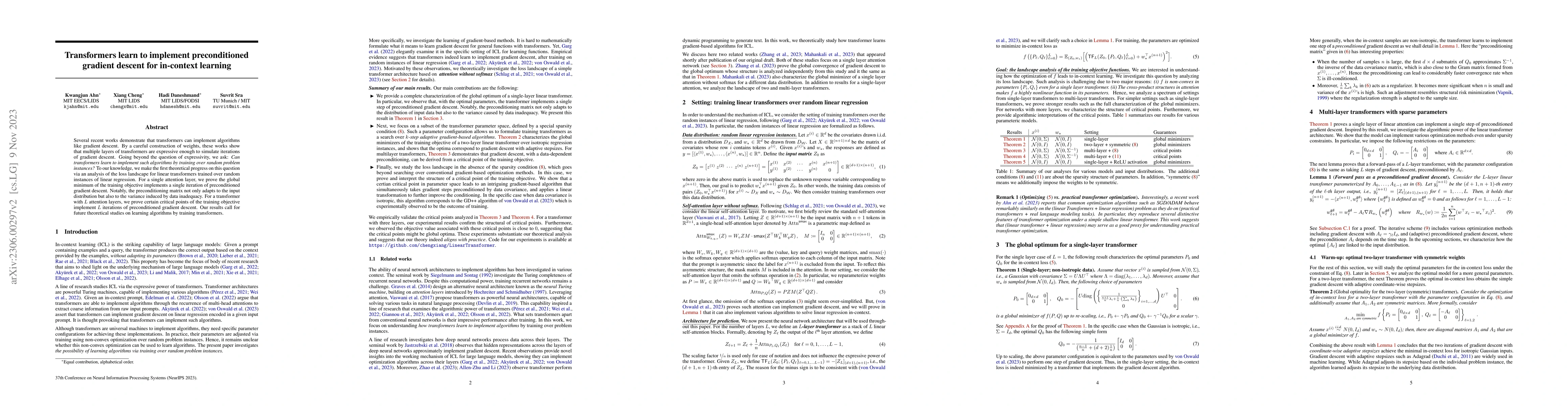 Thumbnail for Transformers learn to implement preconditioned gradient descent for
  in-context learning