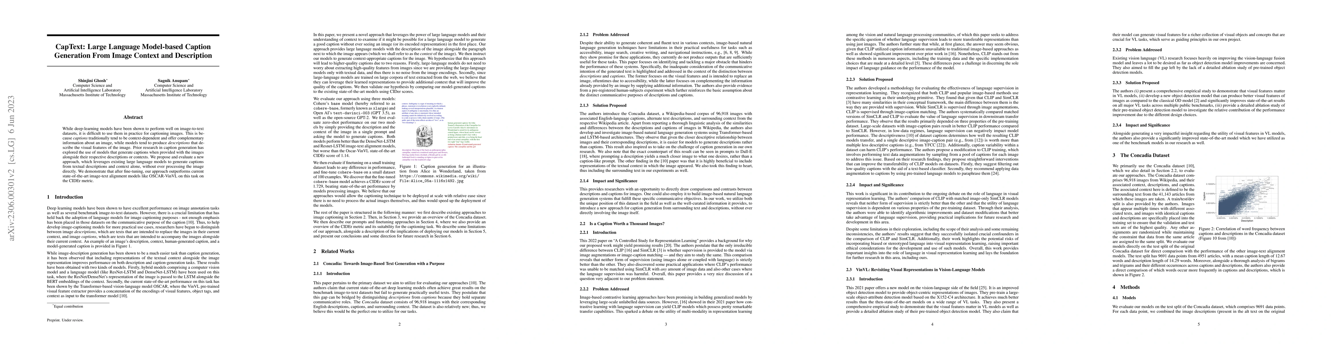 Thumbnail for CapText: Large Language Model-based Caption Generation From Image
  Context and Description