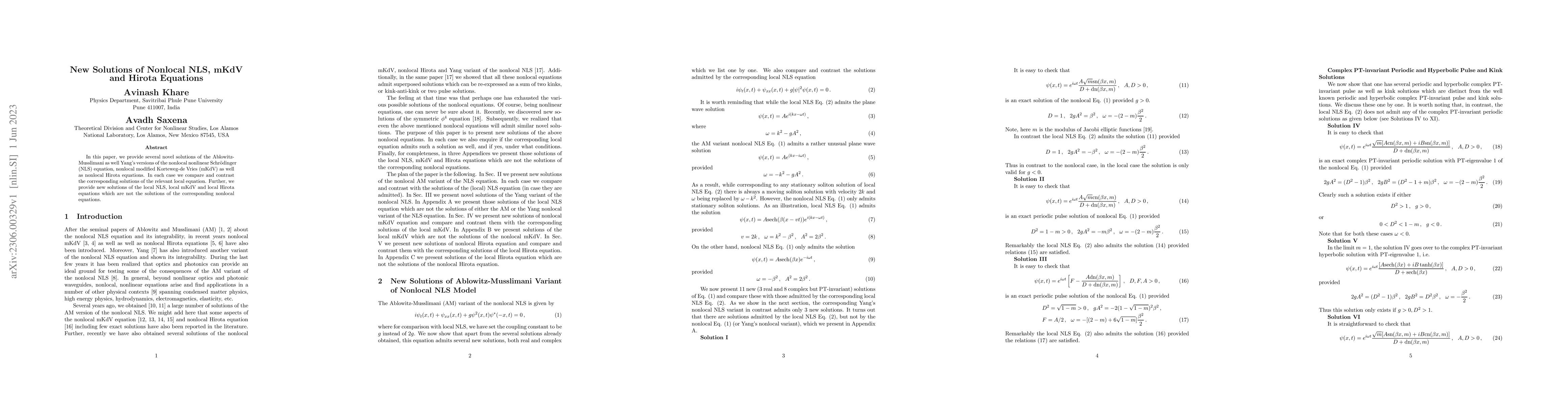 Thumbnail for New Solutions of Nonlocal NLS, mKdV and Hirota Equations