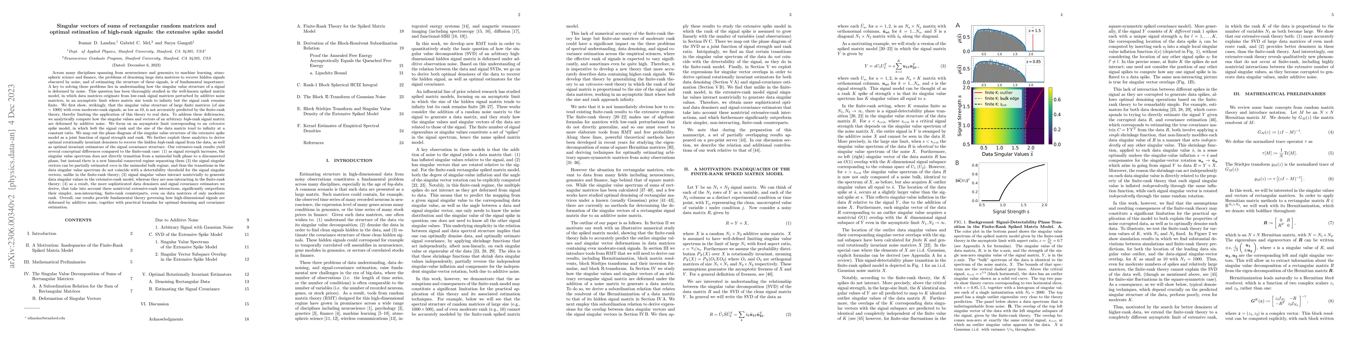 Thumbnail for Singular Vectors of Sums of Rectangular Random Matrices and Optimal
  Estimators of High-Rank Signals: The Extensive Spike Model