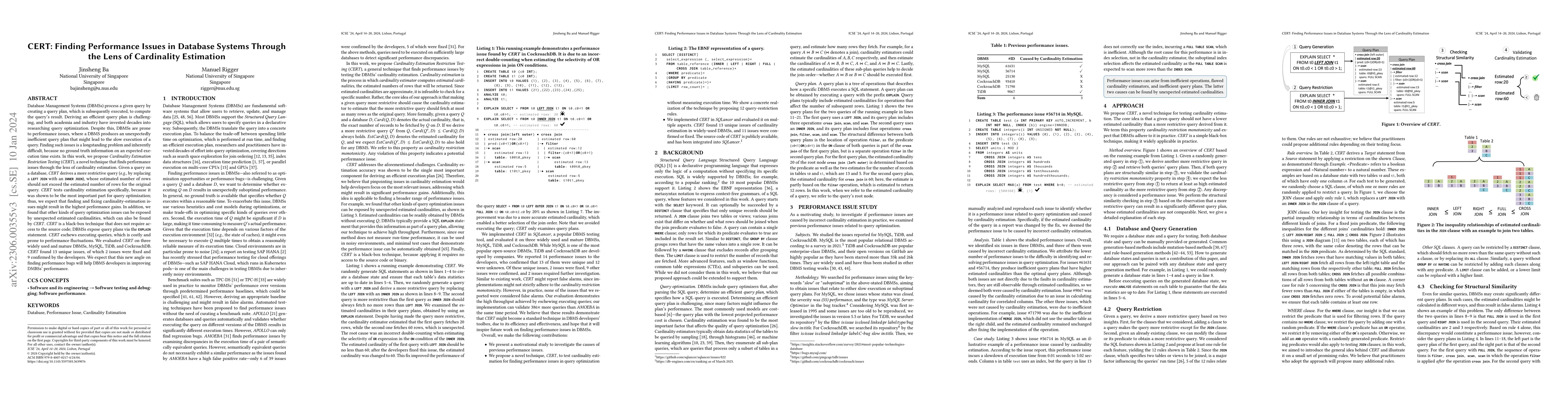 Thumbnail for CERT: Finding Performance Issues in Database Systems Through the Lens of
  Cardinality Estimation