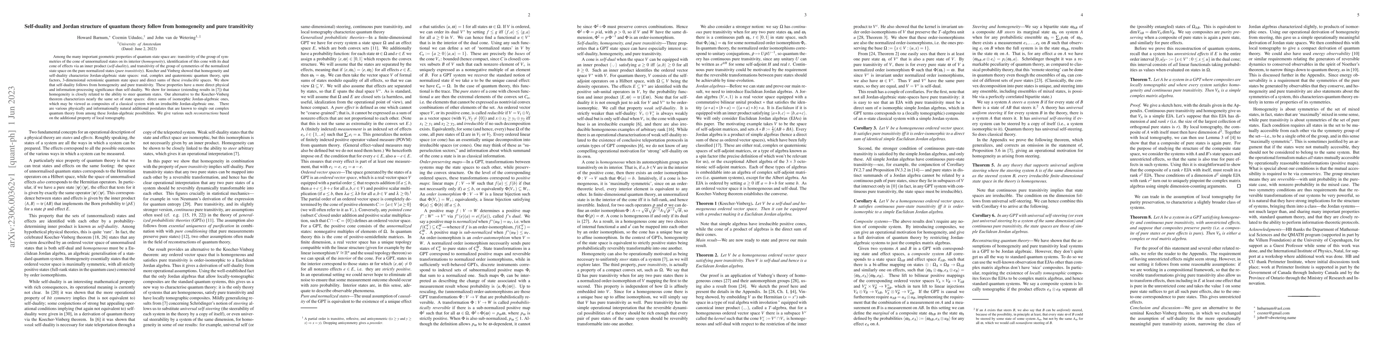 Thumbnail for Self-duality and Jordan structure of quantum theory follow from
  homogeneity and pure transitivity