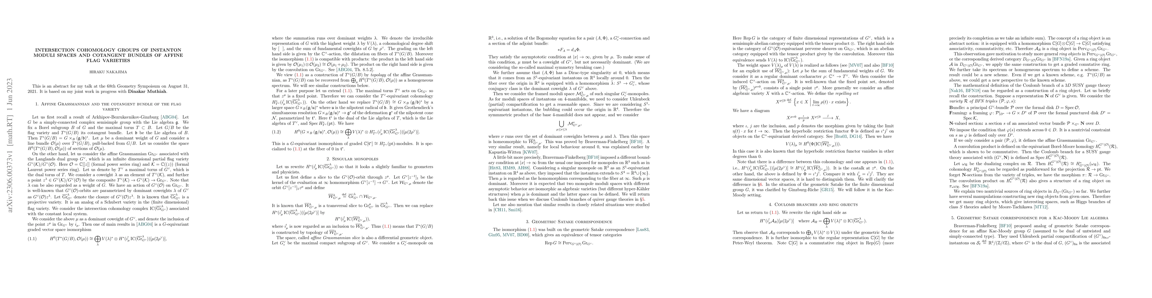 Thumbnail for Intersection cohomology groups of instanton moduli spaces and cotangent
  bundles of affine flag varieties