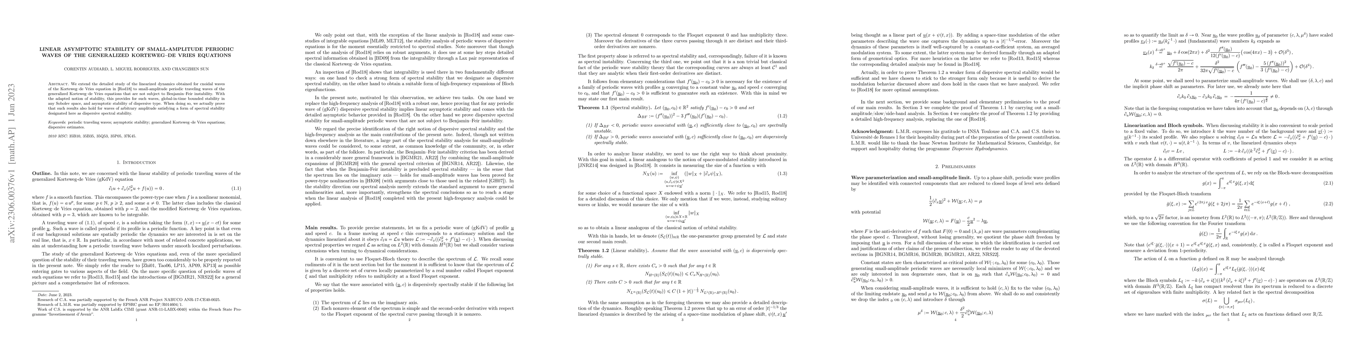 Thumbnail for Linear asymptotic stability of small-amplitude periodic waves of the
  generalized Korteweg--de Vries equations