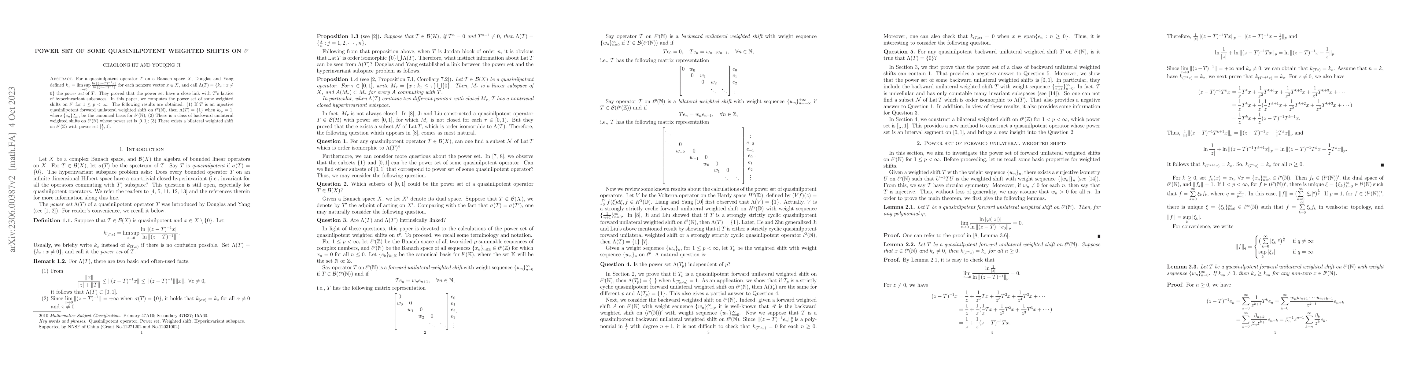 Thumbnail for Power Set of Some Quasinilpotent Weighted shifts on $l^p$