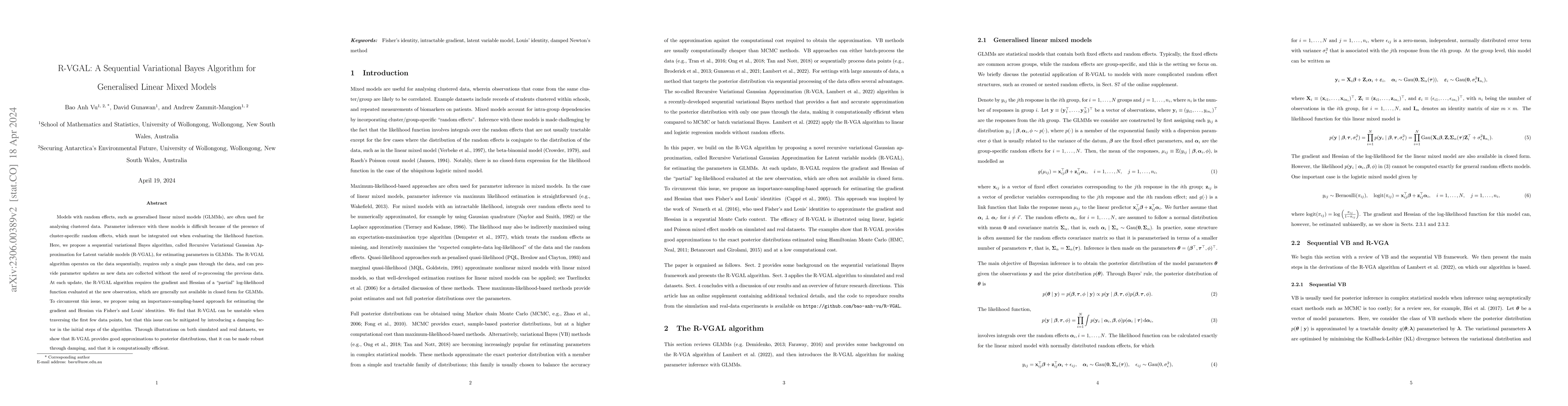 Thumbnail for R-VGAL: A Sequential Variational Bayes Algorithm for Generalised Linear
  Mixed Models
