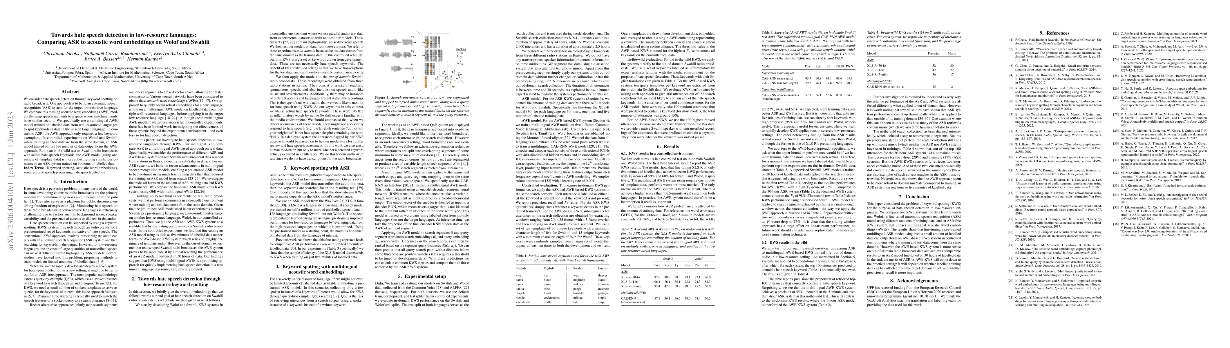 Thumbnail for Towards hate speech detection in low-resource languages: Comparing ASR
  to acoustic word embeddings on Wolof and Swahili
