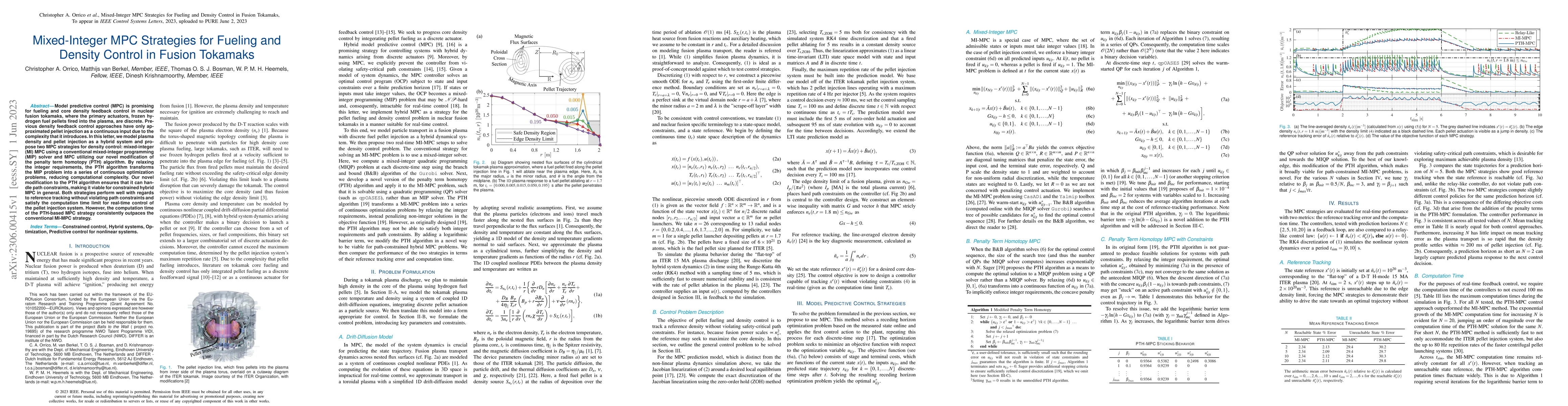 Thumbnail for Mixed-Integer MPC Strategies for Fueling and Density Control in Fusion
  Tokamaks