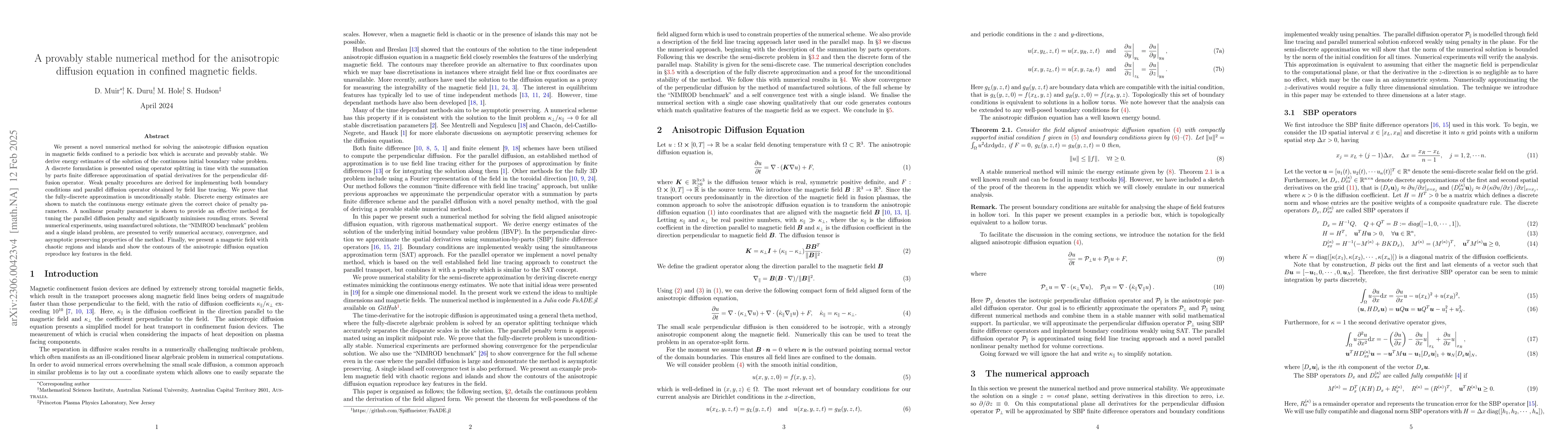 Thumbnail for A provably stable numerical method for the anisotropic diffusion
  equation in confined magnetic fields