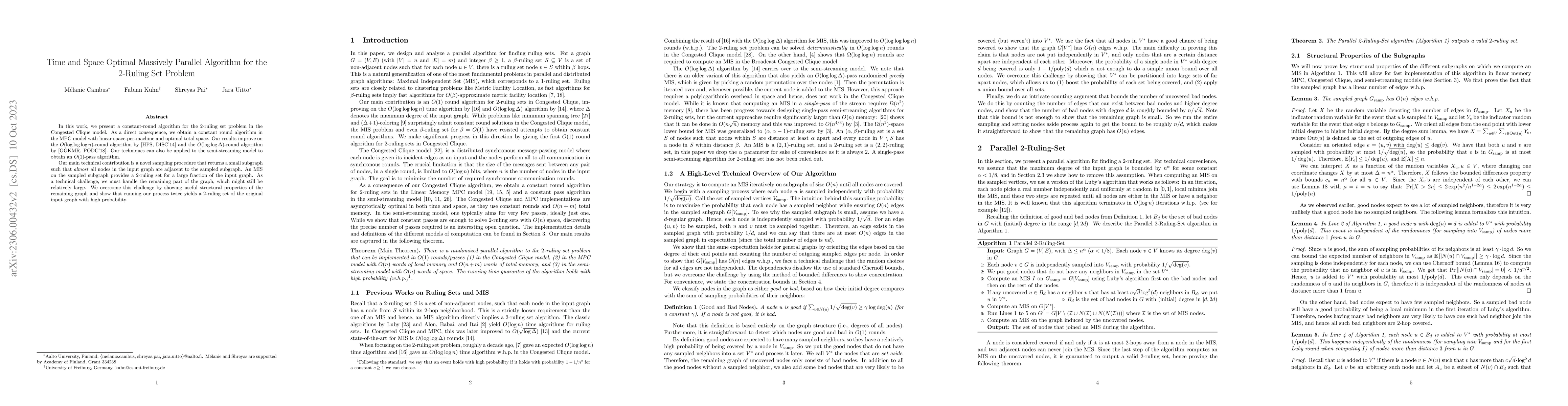 Thumbnail for Time and Space Optimal Massively Parallel Algorithm for the 2-Ruling Set
  Problem