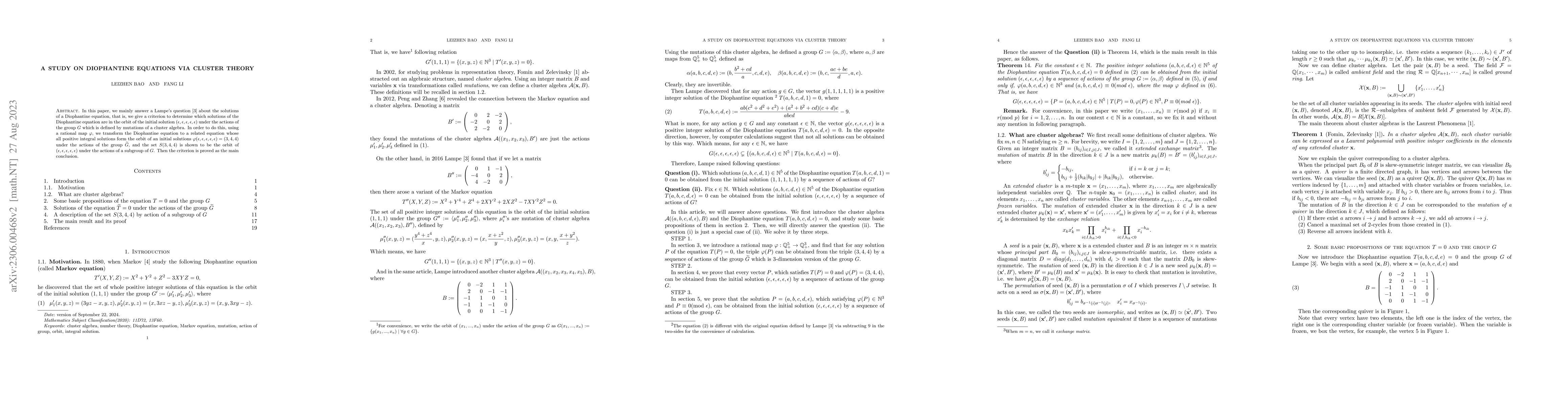 Thumbnail for A study on Diophantine equations via cluster theory