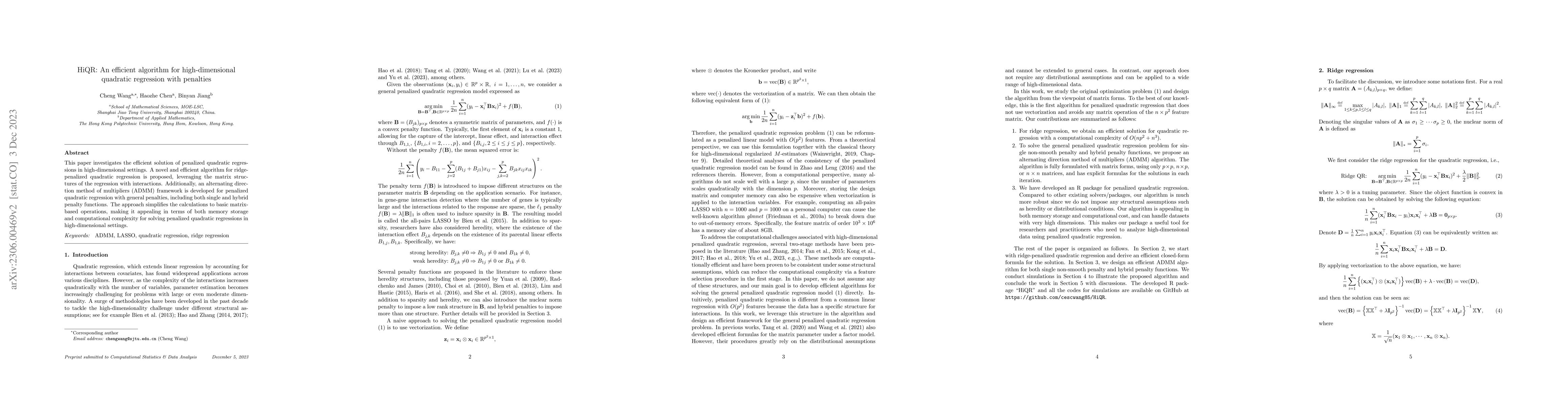 Thumbnail for HiQR: An efficient algorithm for high-dimensional quadratic regression
  with penalties